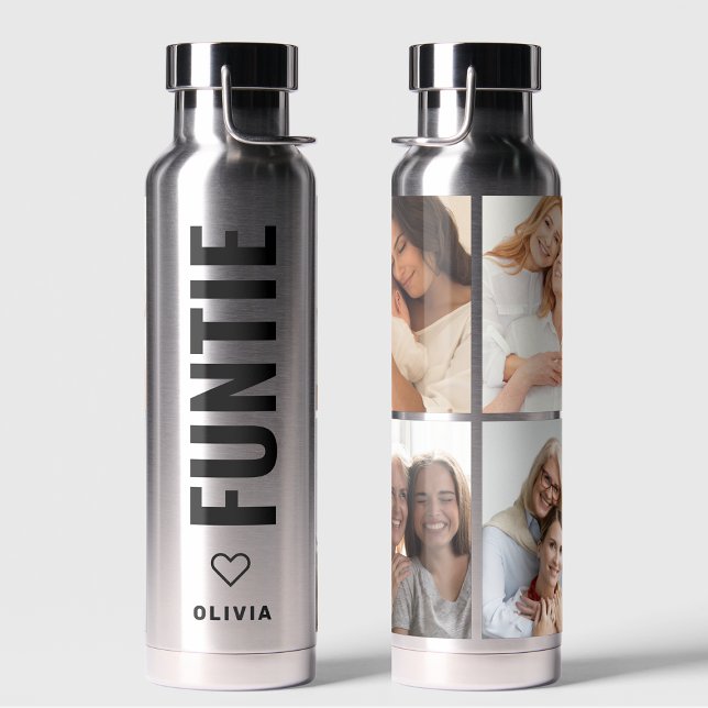 Funtie | Fun Cool Aunt Custom Name 4 Photo Collage Water Bottle (Creator Uploaded)