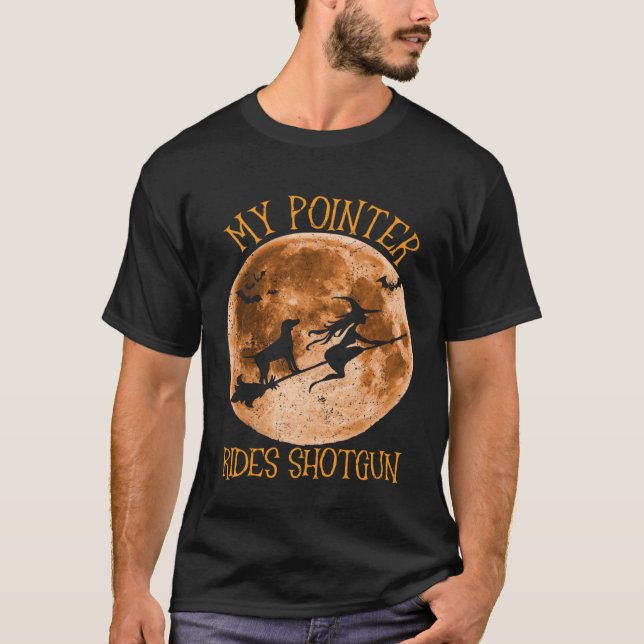Funy English Pointer Dog Ride Shotgun Broom Moon H T-Shirt (Front)