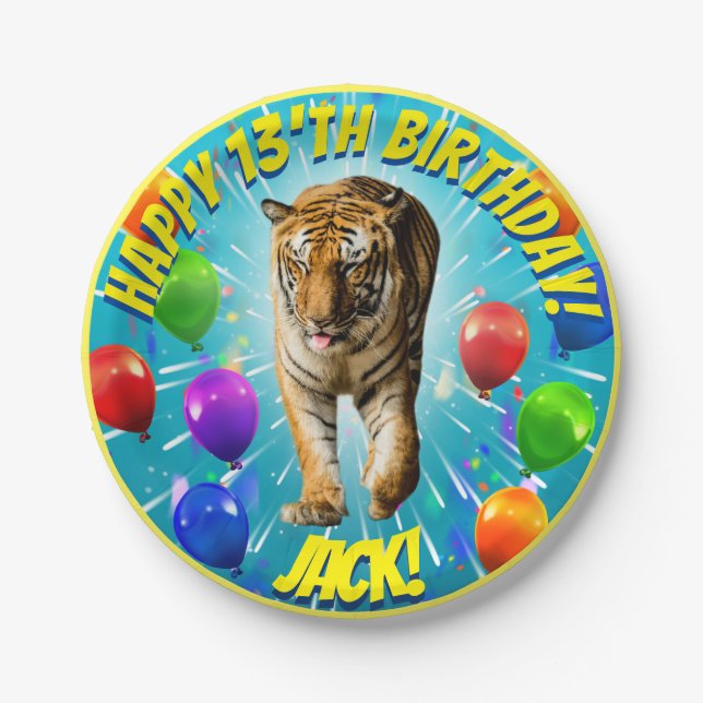 Funy Tiger Balloon Birthday Paper Plates (Front)