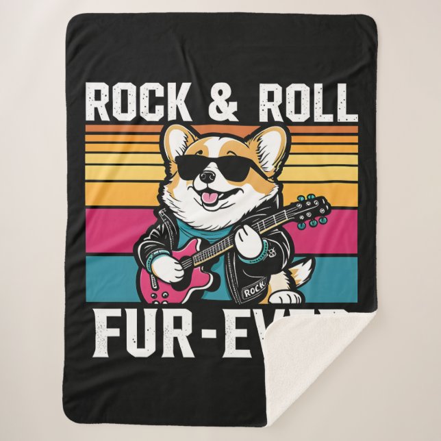Fur-Ever Rock & Roll With A Rockin Corgi Sherpa Blanket (Front)