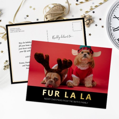 Fur La La Black Gold Modern Pet Christmas Photo Foil Holiday Postcard