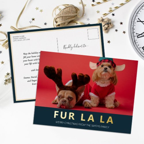 Fur La La Blue Gold Modern Pet Christmas Photo Foil Holiday Postcard