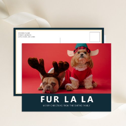 Fur La La Blue Modern Pet Christmas Photo Holiday Postcard