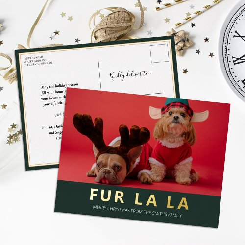 Fur La La Green Gold Modern Pet Christmas Photo Foil Holiday Postcard