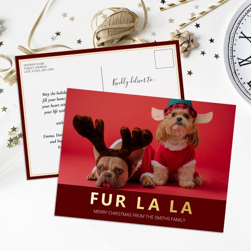 Fur La La Red Gold Modern Pet Christmas Photo Foil Holiday Postcard