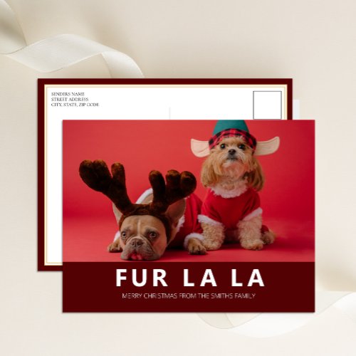 Fur La La Red Modern Pet Christmas Photo Holiday Postcard