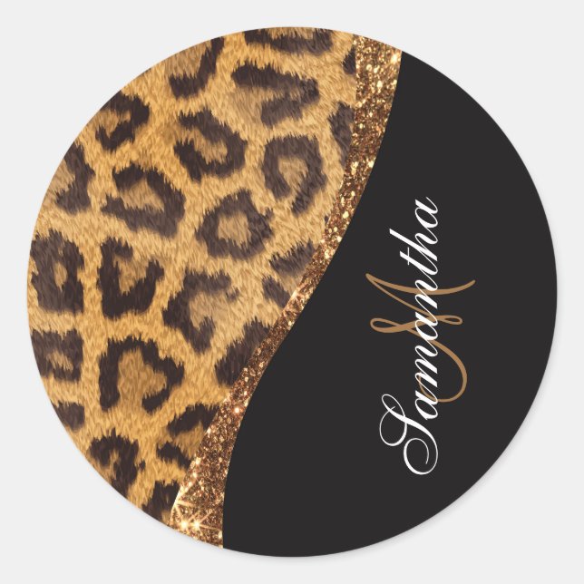 Fur Leopard Print and Glitter Classic Round Sticker (Front)
