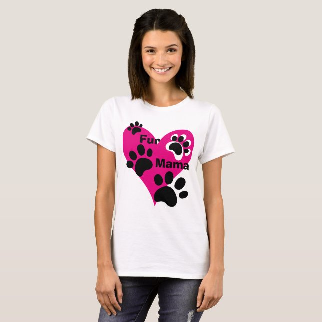 Fur Mama Big Pink Heart Paw Prints Love Gift T-Shirt (Front Full)