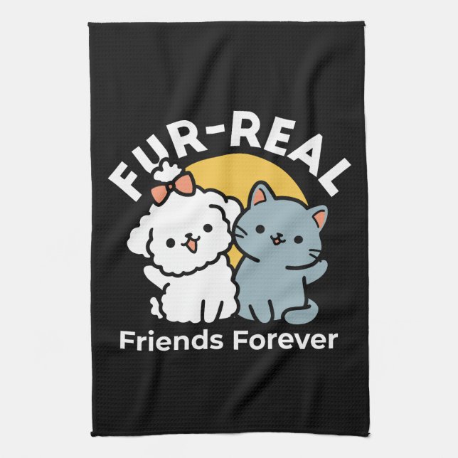 Fur-Real Friends Forever | Cute Cat & Dog Duo Kitchen Towel (Vertical)