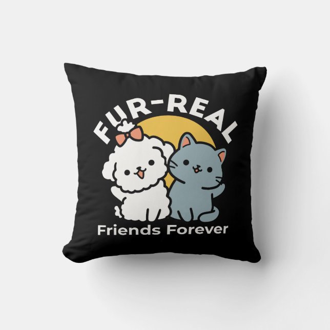 Fur-Real Friends Forever | Cute Cat & Dog Duo Throw Pillow (Front)
