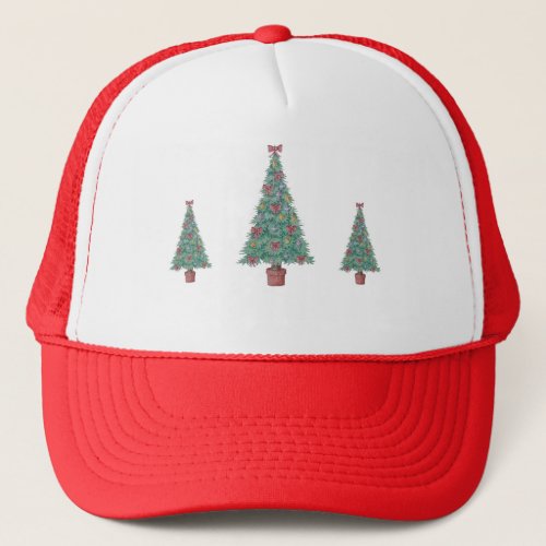 fur tree with decorations red bows bells christmas trucker hat