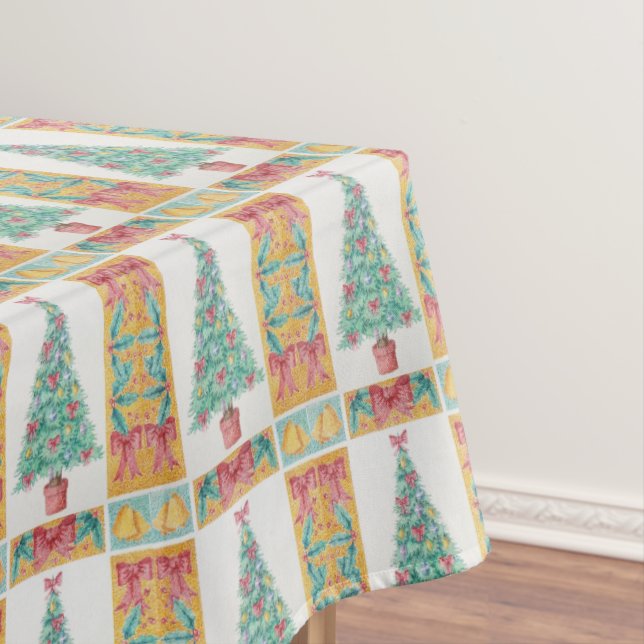 fur trees with red bows gold bells for christmas  tablecloth (In Situ)