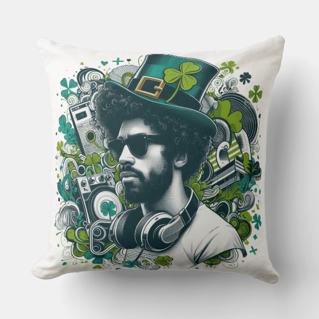 Furbabies Art – St. Patrick’s DJ 🎧☘️🐾 Throw Pillow (Front)