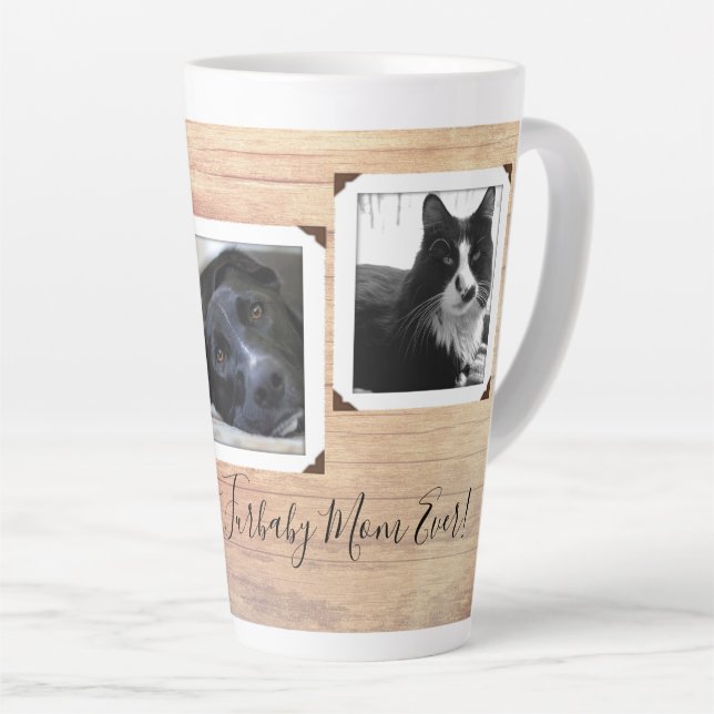 Furbaby Mom Dad Wood Grain Multi-photo Latte Mug (Right Angle)
