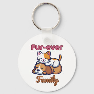 Furever Family Heartwarming Cat & Dog Illustration Keychain