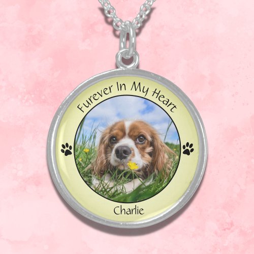 Furever In My Heart Pet Photo Keepsake Black Text Sterling Silver Necklace