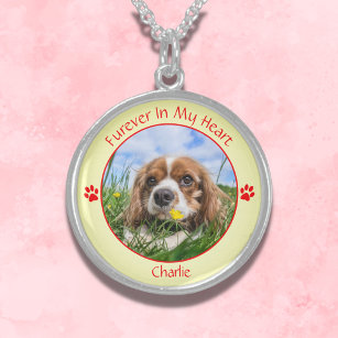 Furever In My Heart Pet Photo Keepsake Red Text Sterling Silver Necklace