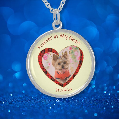 Furever In My Heart Pet Photo Plaid Paw Print  Sterling Silver Necklace