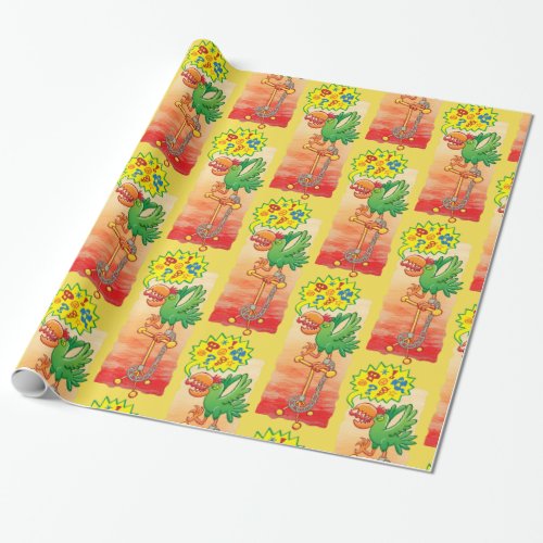 Furious green parrot saying bad words wrapping paper