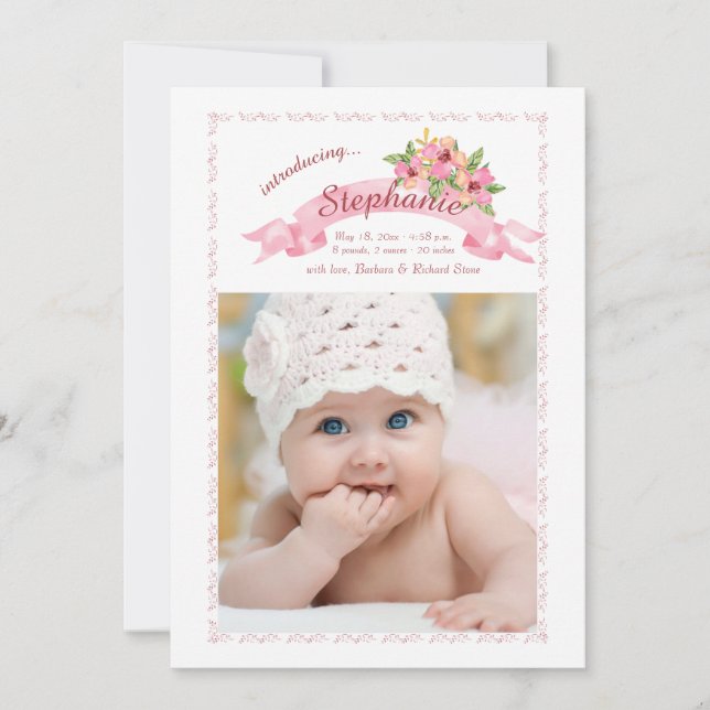 Furling Ribbon Photo Birth Announcement (Front)