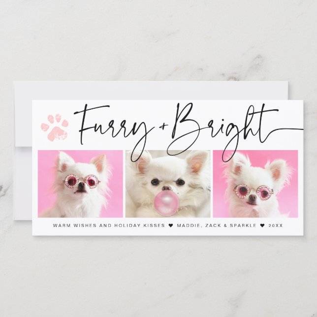 Furry and Bright | 3 Photo Pet Collage Holiday Card (Front)