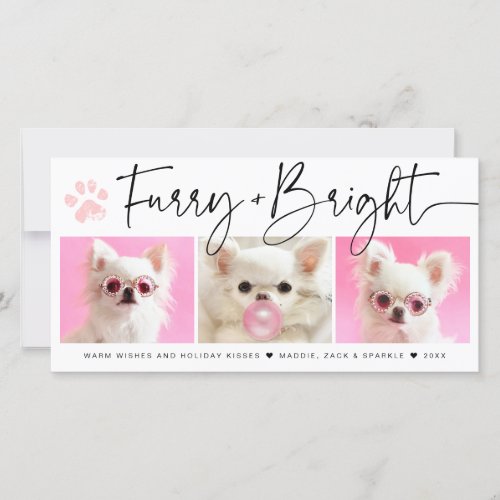 Furry and Bright  3 Photo Pet Collage Holiday Card