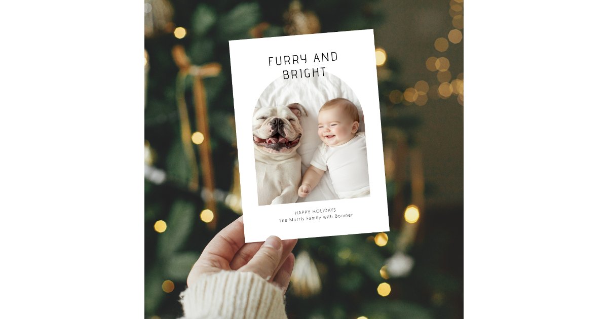 Furry and Bright Christmas Baby and Dog Photo Holiday Card | Zazzle