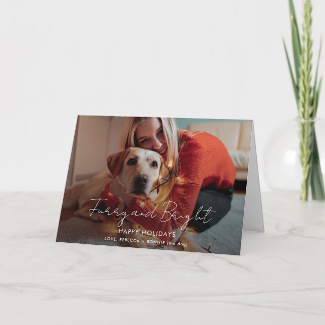 Furry and Bright Handwritten Photo Christmas Holiday Card (Front)