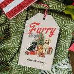 FURRY AND BRIGHT VINTAGE CUSTOM CHRISTMAS GIFT TAGS<br><div class="desc">Stand out at this years holiday party with VINTAGE PET tags featuring a retro image of three cute dogs under the Christmas trees among gift and presents and the whimsical quote 'FURRY AND BRIGHT' in retro vintage font. Add a personal touch with a custom message on the back using the...</div>