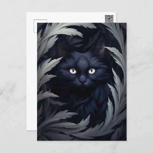 Furry Black Cat Among The Leaves Postcard
