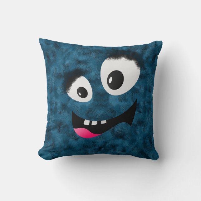 Furry Blue Monster Throw Pillow (Front)