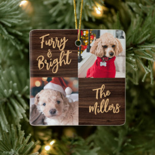 Furry & Bright Dog 2 Photo Rustic Christmas Ceramic Ornament