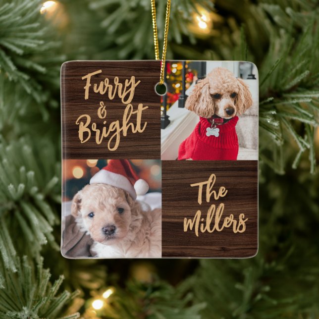 Furry & Bright Dog 2 Photo Rustic Christmas Ceramic Ornament (Tree)