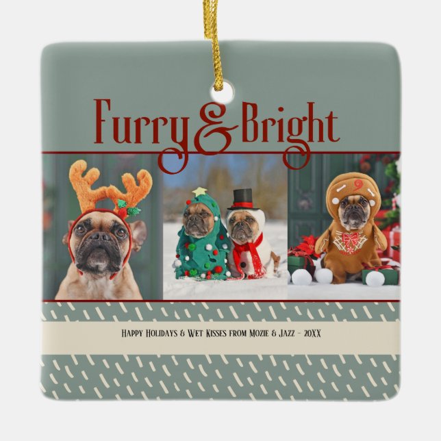 Furry & Bright Dog Christmas Photo Holiday Ceramic Ornament (Front)