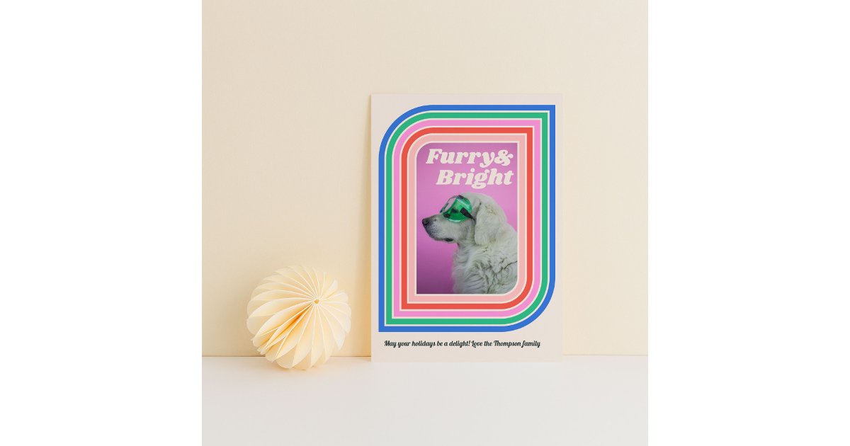 Furry & Bright Retro Stripe Dog Holiday Photo Card | Zazzle