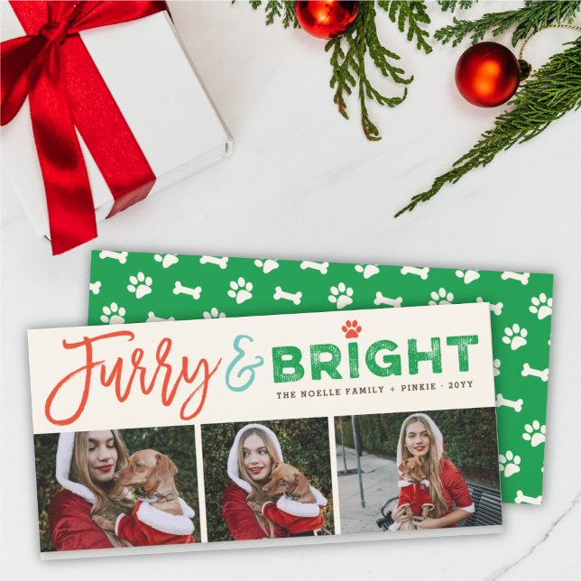 Furry & Bright Typography Dog Lover 3 Photo Pet Holiday Card (Creator Uploaded)
