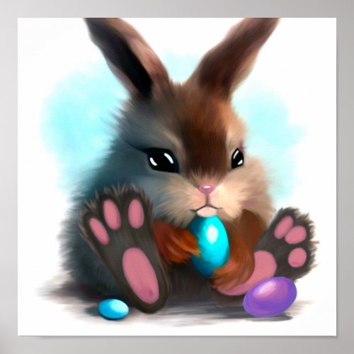 Furry Bunny with Blue and Purple Easter Eggs Poster