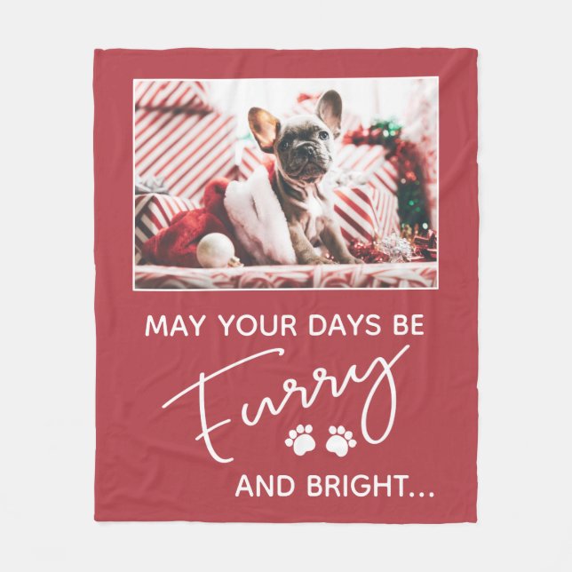 Furry Christmas red with photo and white paws Fleece Blanket (Front)