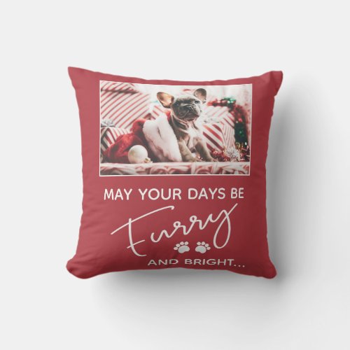 Furry Christmas red with photo and white paws Throw Pillow