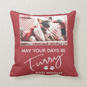 Furry Christmas red with photo and white paws Throw Pillow
