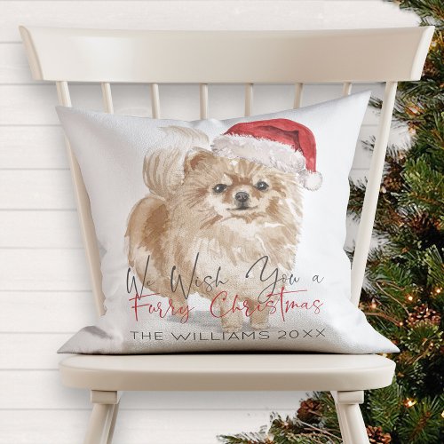 FURRY CHRISTMAS Santa Dog Monogram Throw Pillow