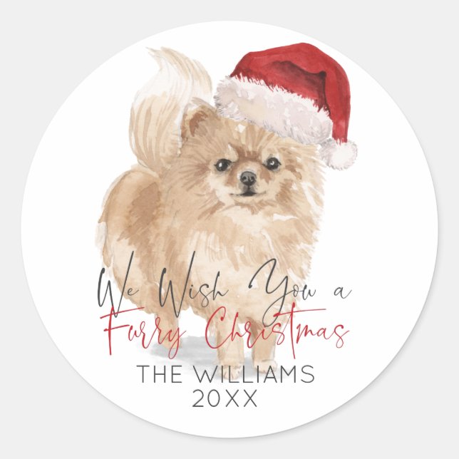 FURRY CHRISTMAS Santa Dog Personalized Classic Round Sticker (Front)