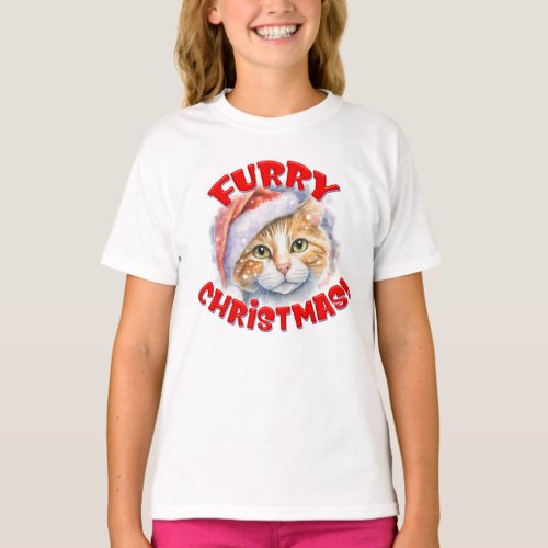 Furry Christmas Santa Hat Cat Drawing Holiday T_Shirt