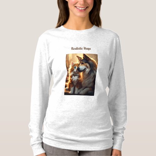 Furry Friends Embrace Dog  Cat Printed Womens  T_Shirt