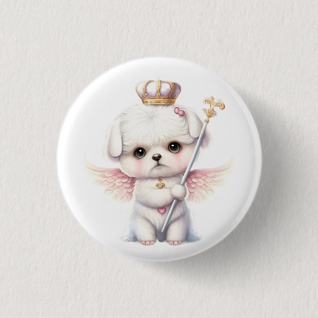 Furry Joy: Angel Wing Maltese Dog Puppy Gift Button (Front)