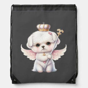 Furry Joy: Angel Wing Maltese Dog Puppy Gift Drawstring Bag