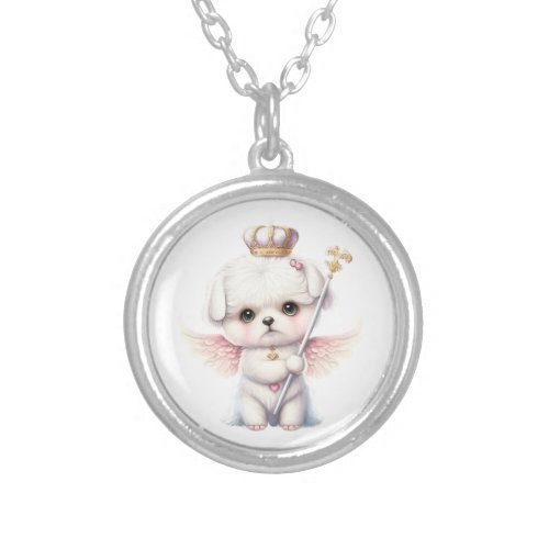 Furry Joy Angel Wing Maltese Dog Puppy Gift Silver Plated Necklace