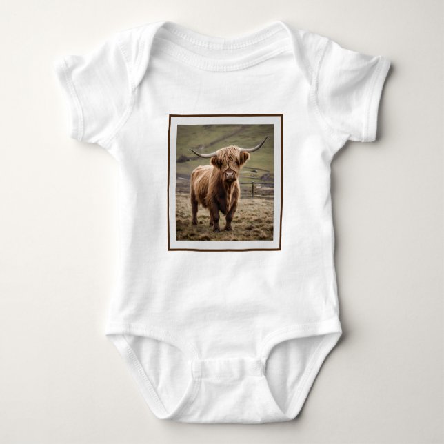 **"Furry Majesty: The Woolly Brown Highland Cow"** Baby Bodysuit (Front)