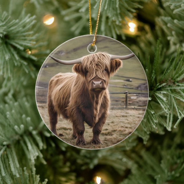 **"Furry Majesty: The Woolly Brown Highland Cow"** Ceramic Ornament (Tree)