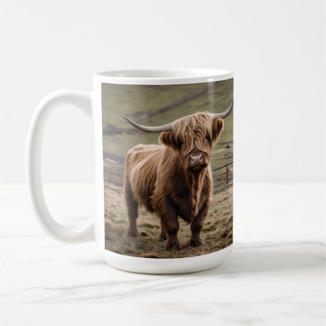 **"Furry Majesty: The Woolly Brown Highland Cow"** Coffee Mug (Left)
